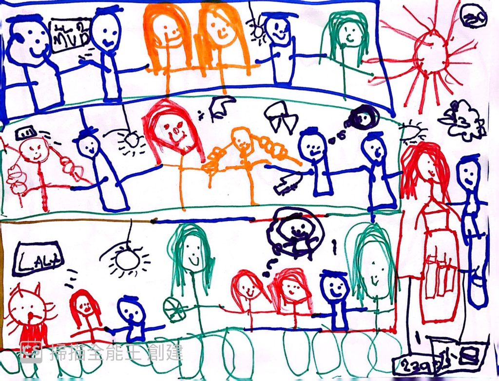 孩子的畫作：一整頁的人物與生活場景