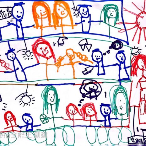 孩子的畫作：一整頁的人物與生活場景