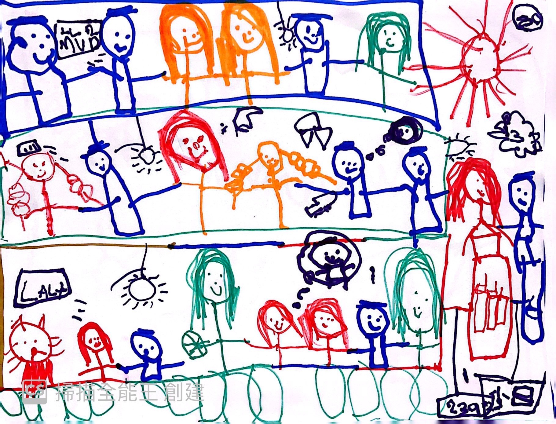 孩子的畫作：一整頁的人物與生活場景